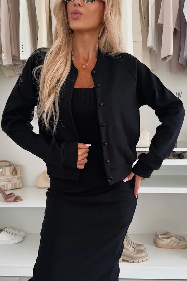Adriana® | Comfort and Femininity Knit Ribbed Button Up Long Sleeve Bomber Jacket