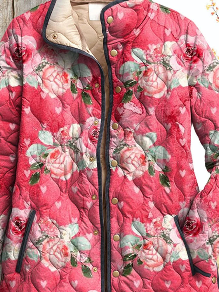 Brigida | Women's Charming Pink Floral Art Printed Casual Quilted Jacket