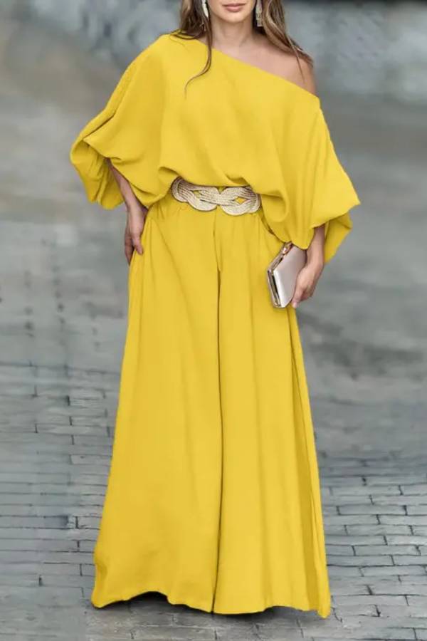 Clara® | Set includes a bias neck top with lantern sleeves and wide leg pants