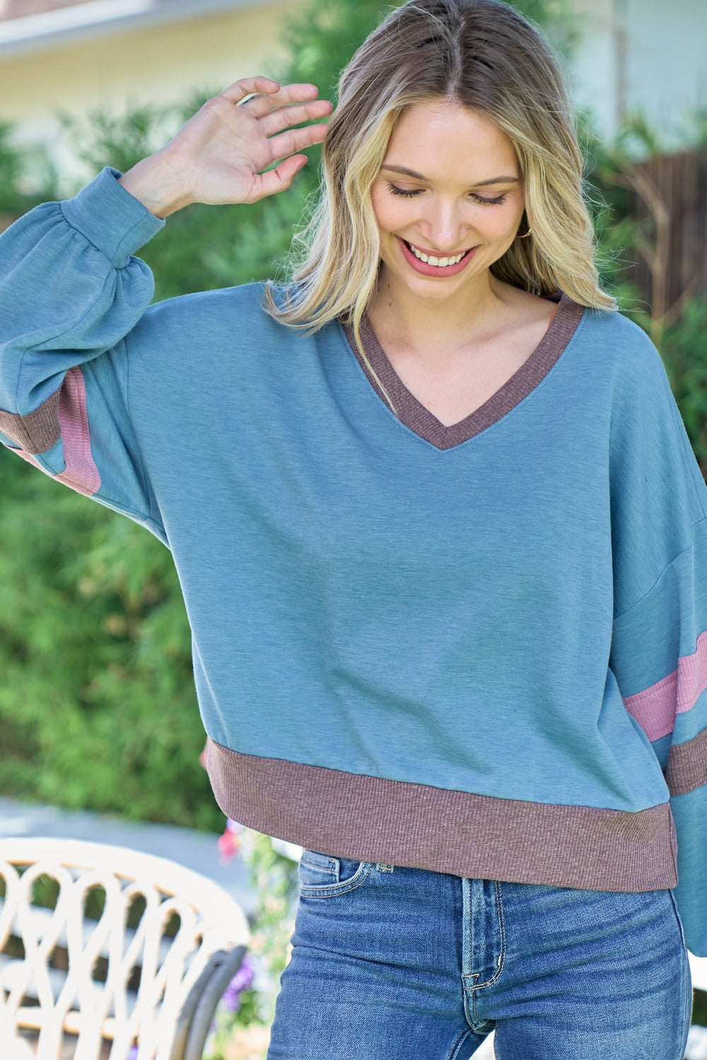 Cristina® | Hailey & Co. color block V-neck cropped sweatshirt