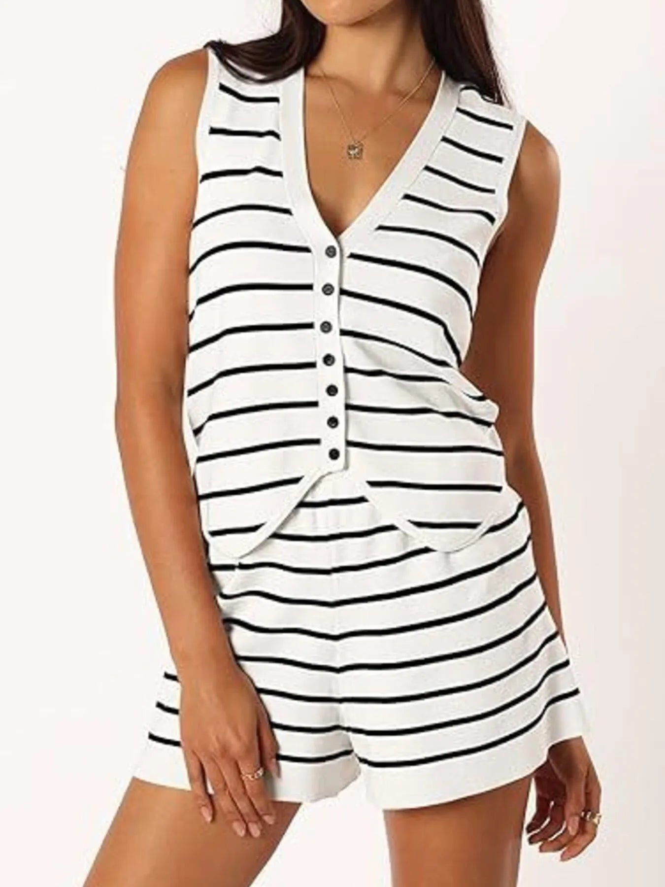 Elisa® | Casual Button-Down Striped Vest And Shorts Set