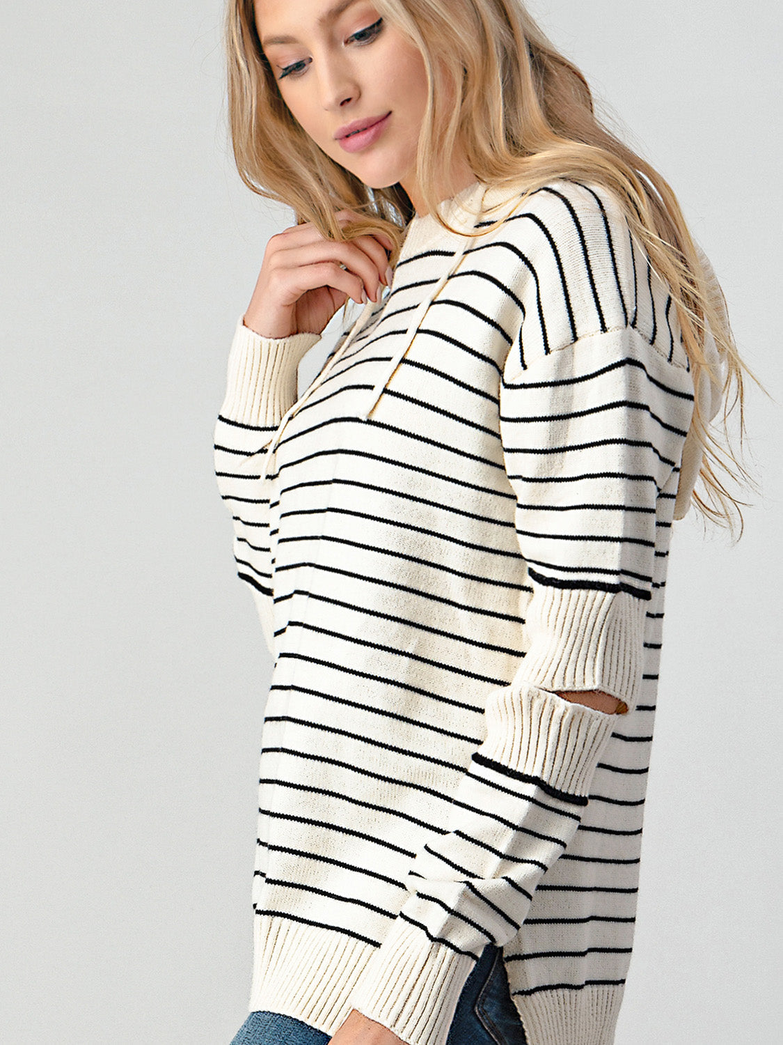 Diana® | Shiny striped slit sweater with cutouts