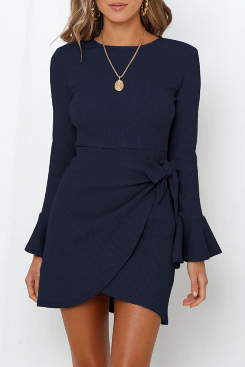 Amelia® | Casual Long Sleeve Round Neck Ruffle Mini Dress