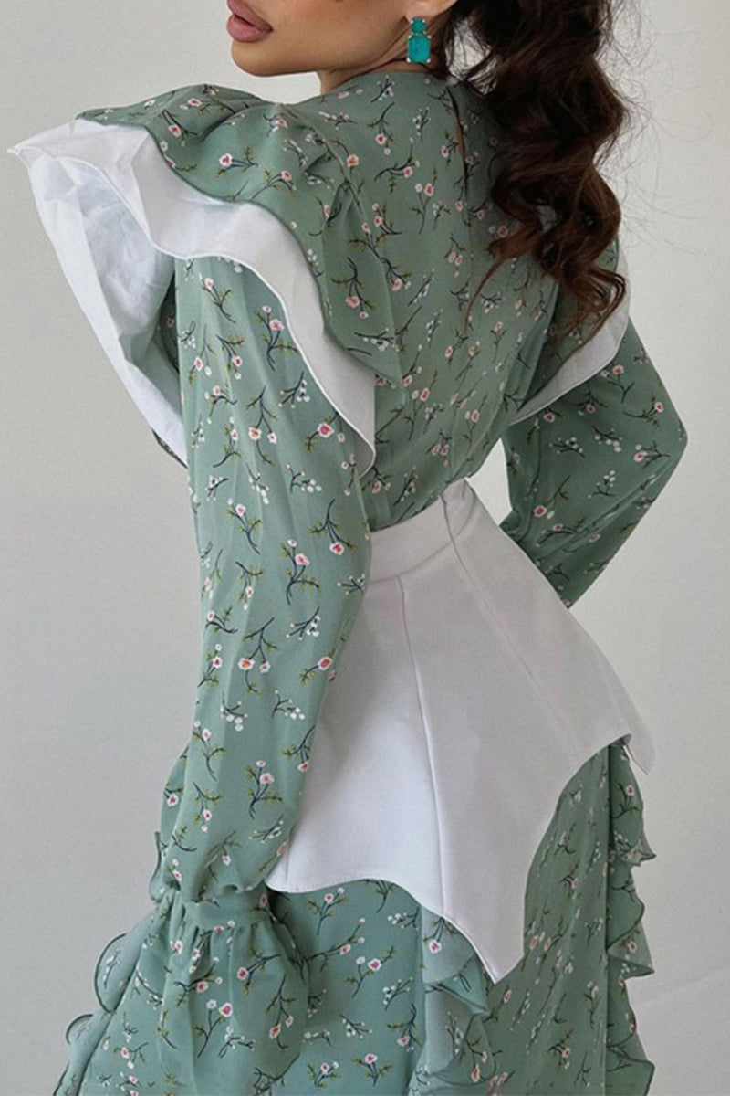 Diana® | Elegant Floral Buttons Flounce O-Neck Waist Skirt Dresses (Waist Band)