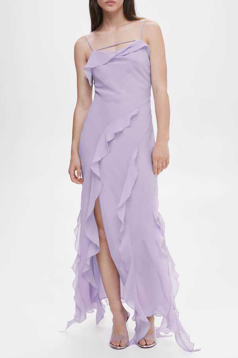 Dafne® | Cute plain asymmetric sling dresses with flounce and slit and V-neck