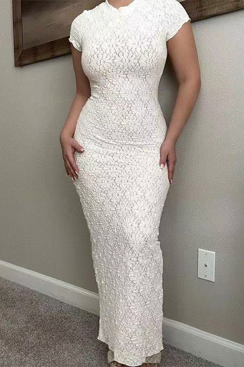 Diana® | Elegant solid color short sleeve dress with slit, O-neck and one tier skirt
