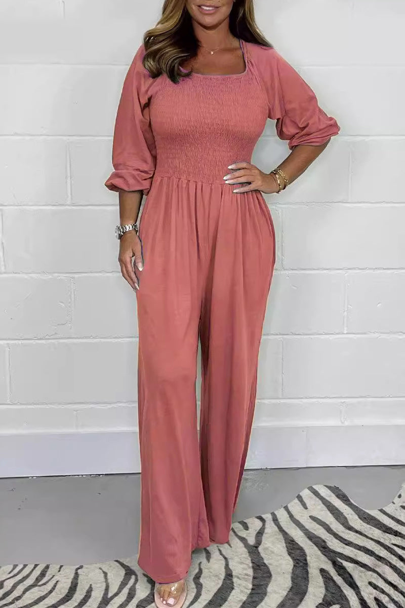Celia® | Casual simple solid color loose jumpsuits with square collar