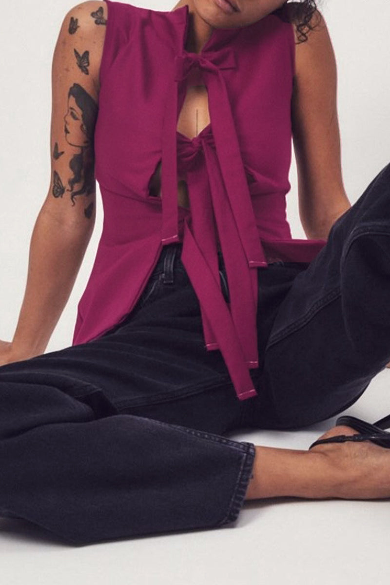 Alba® | Sexy solid color lace-up V-neck tops