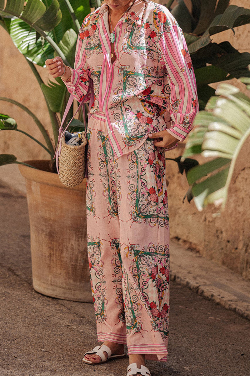 Annelies® | Casual street floral print pocket turn-down collar long sleeve two-piece suit