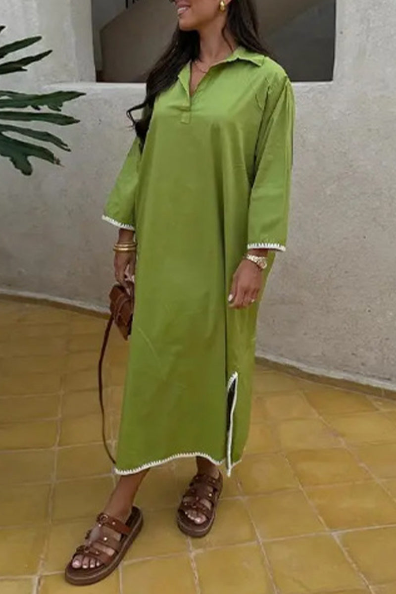 Cassandra® | Solid Color Embroidered Patchwork Slit Turn-Down Collar Long Sleeve Dresses (4 Colors)