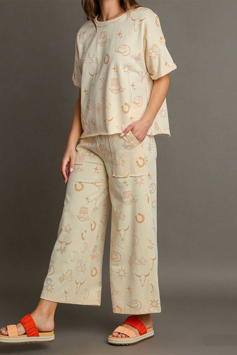 Bella® | Casual two-piece suit with street graffiti print, pocket, O-neck, short sleeves