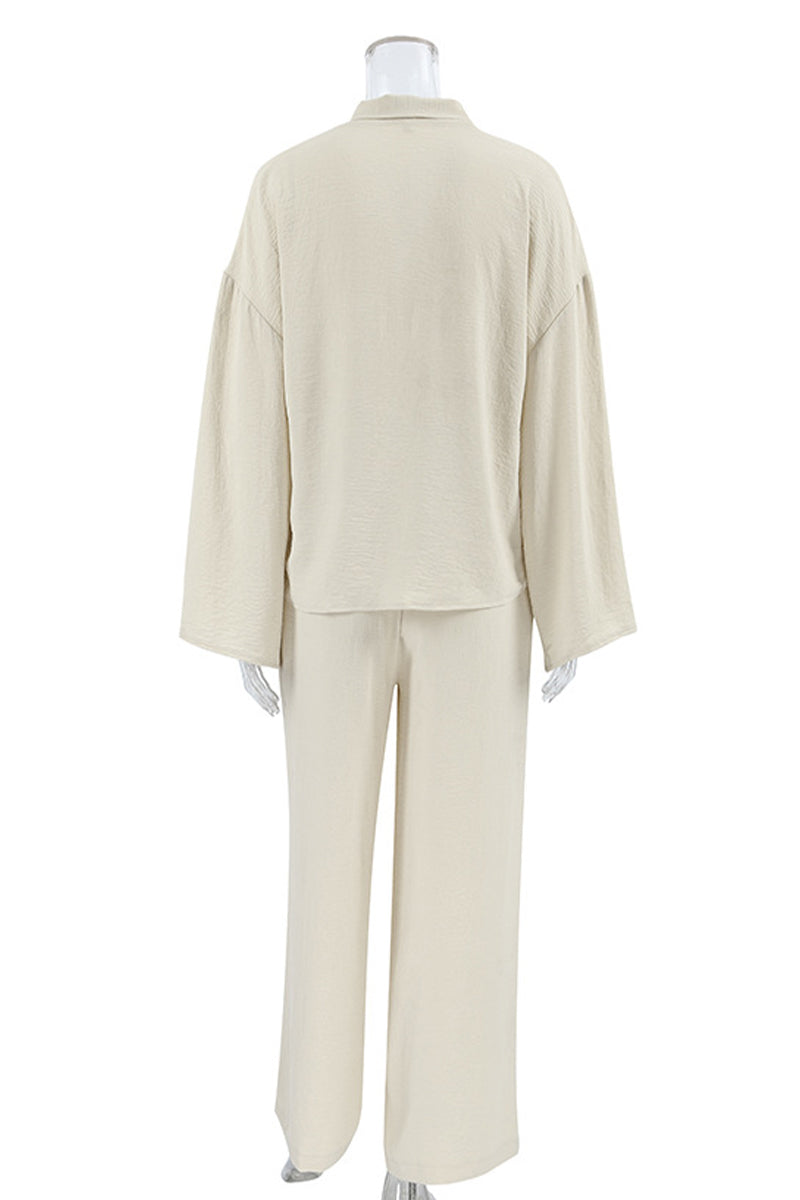 Blythe® | Casual, daily, solid color two-piece suit with pockets and lace-up, V-neck and long sleeves