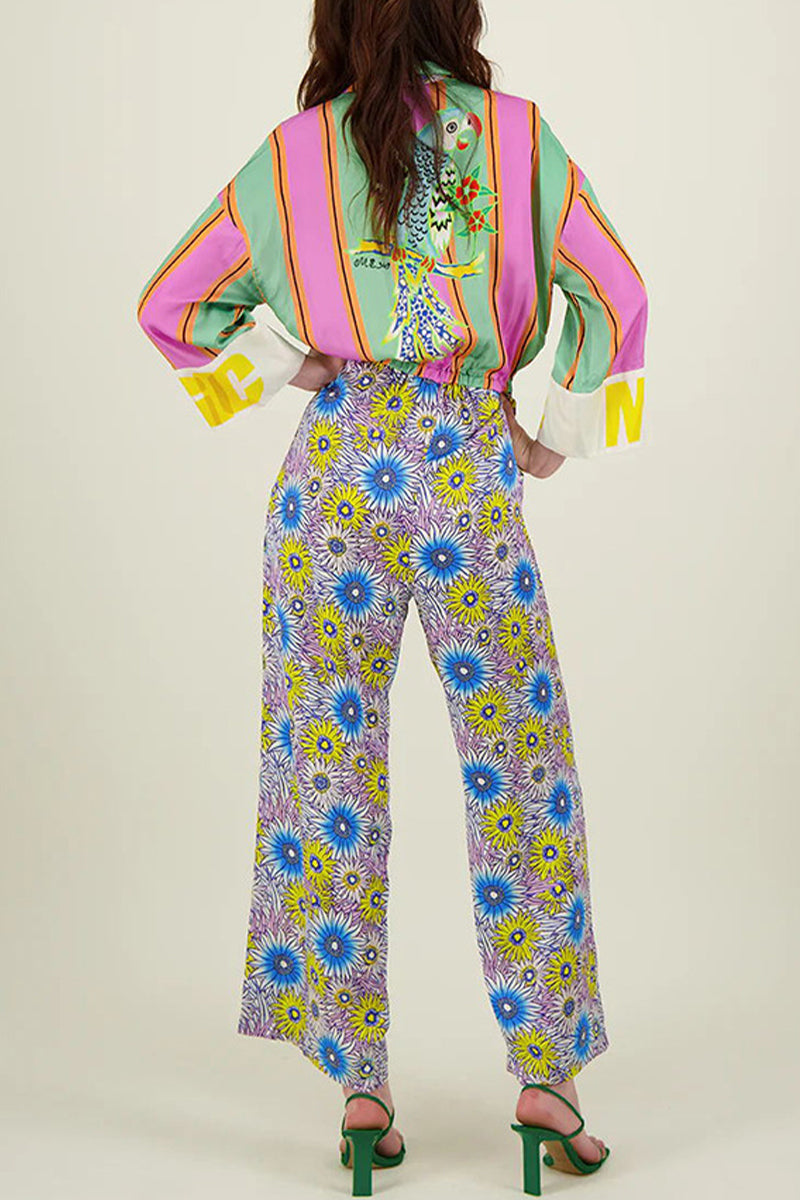 Cleo® | Casual street overalls with striped print, flowers, pocket, lace-up, buttons, turn-down collar, loose overalls