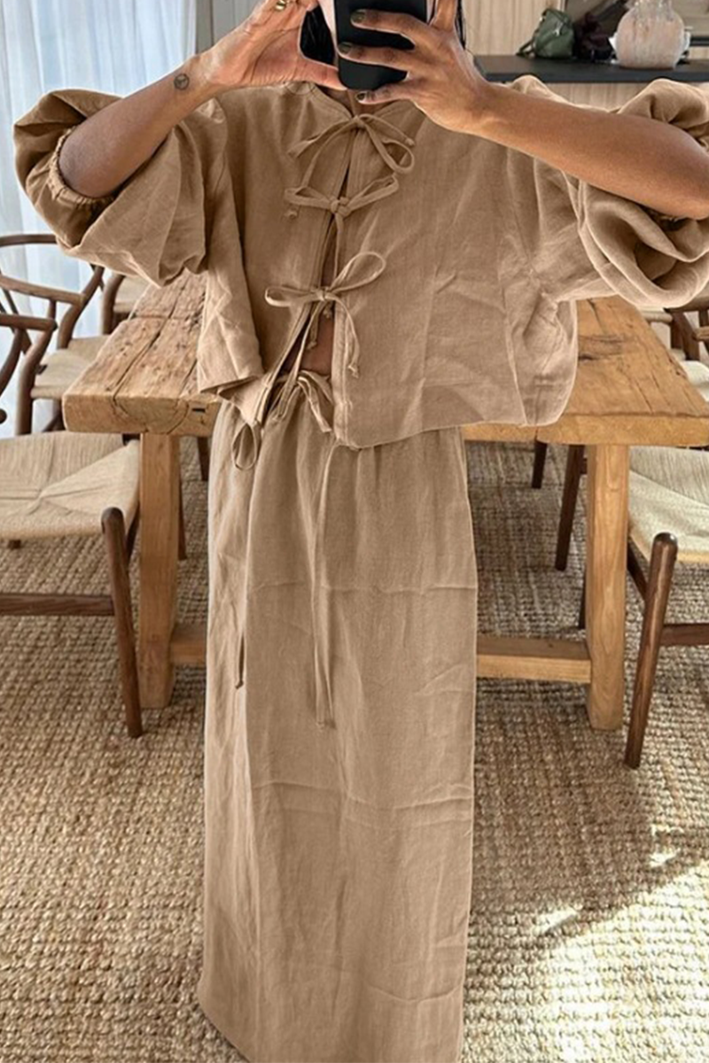 Clara® | Casual daily solid color lace-up two-piece suit with O-neck and long sleeves