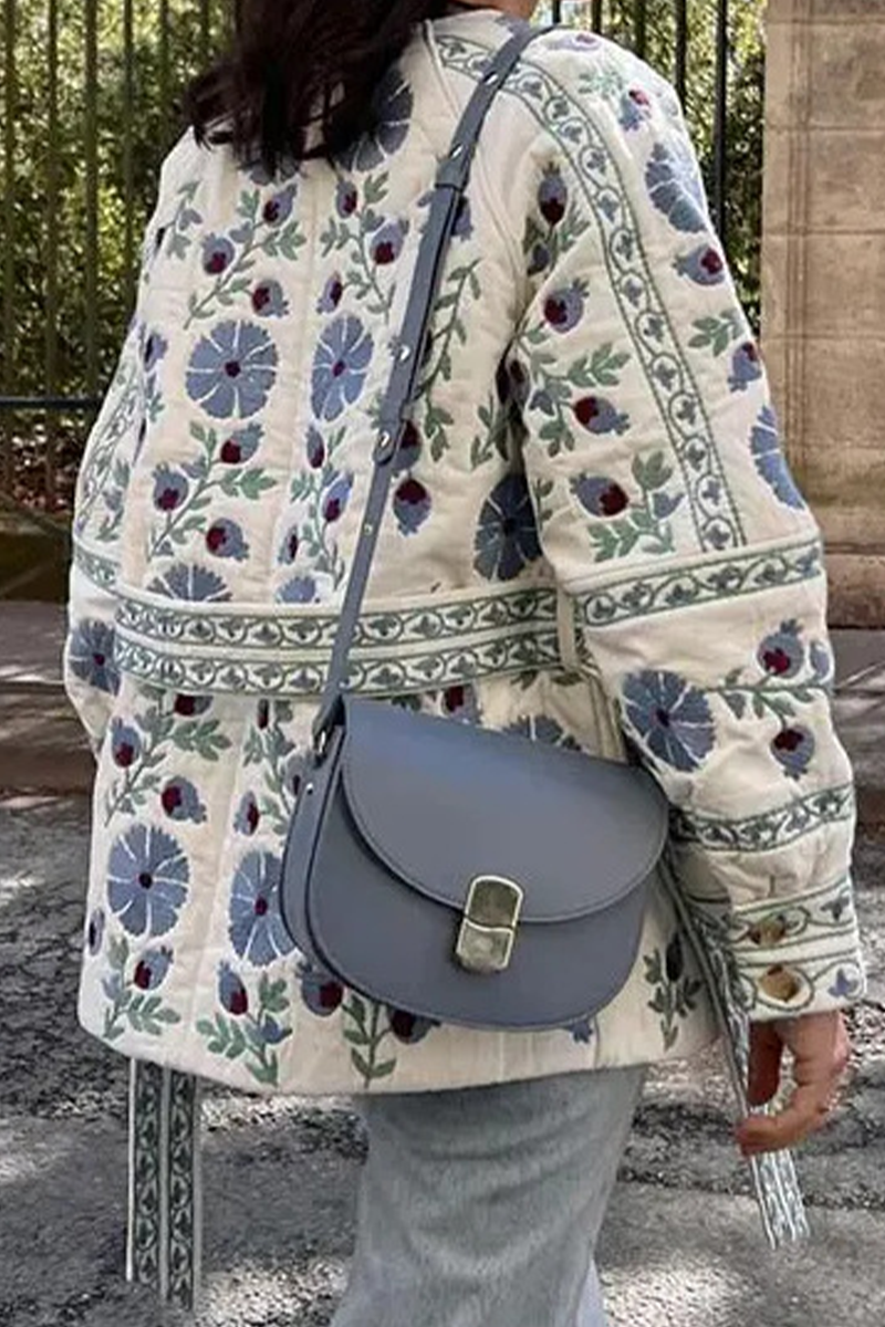 Cristina® | Casual street floral outerwear with lace-up buttons and patchwork O-neck