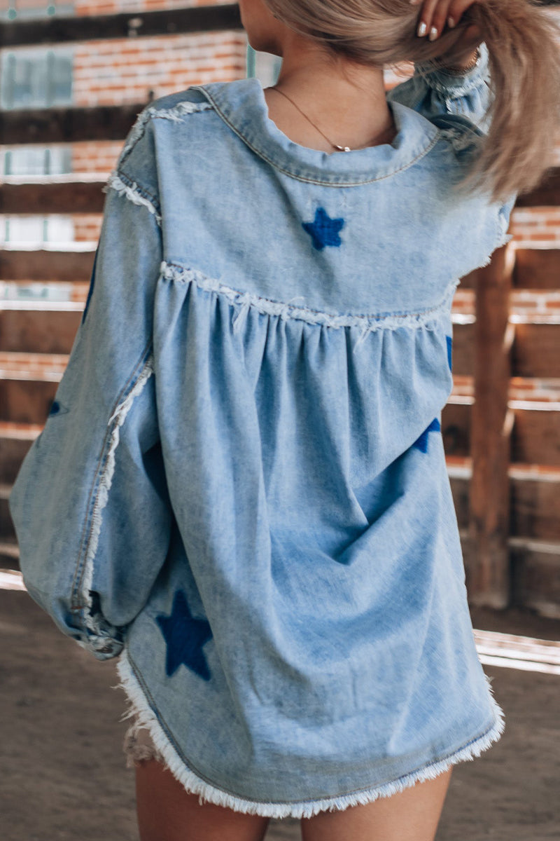 Daniela® | Casual Street The Stars Distressed Patchwork Turndown Collar Long Sleeve Loose Denim Jacket