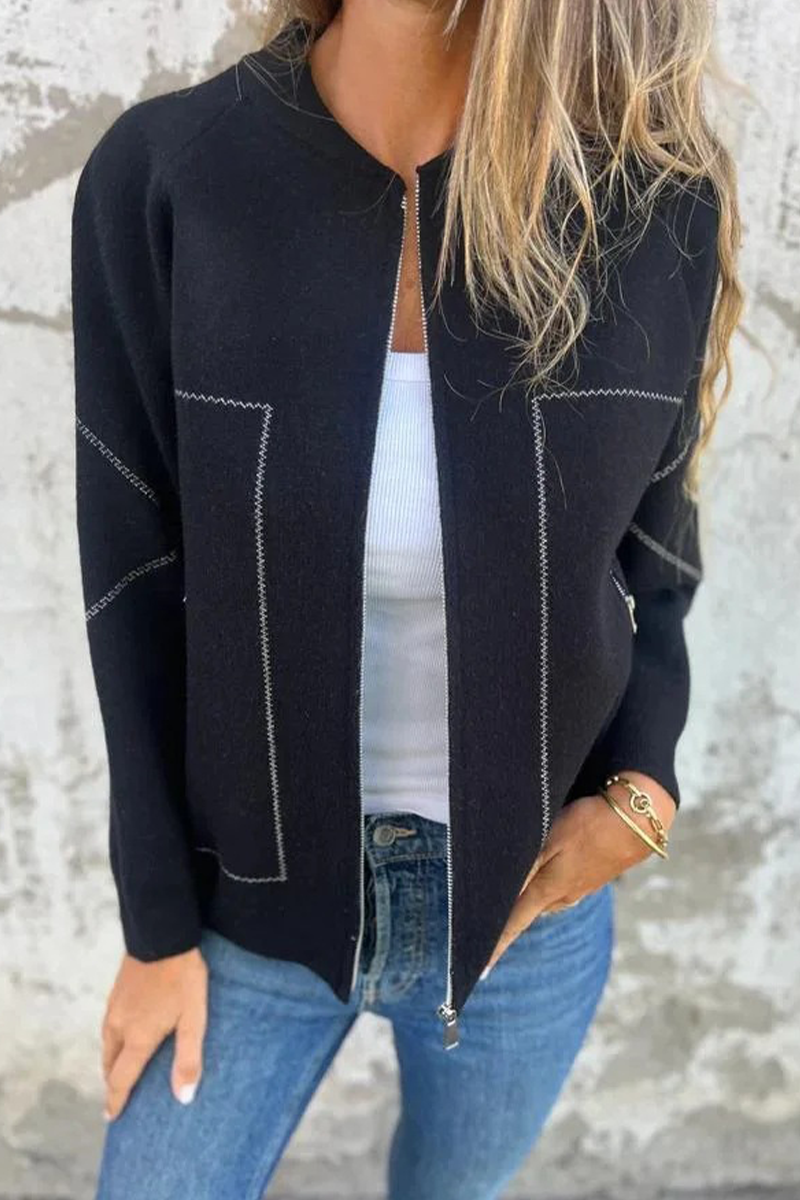 Dora® | Casual daily solid color outerwear with pocket patchwork zipper and O-neck