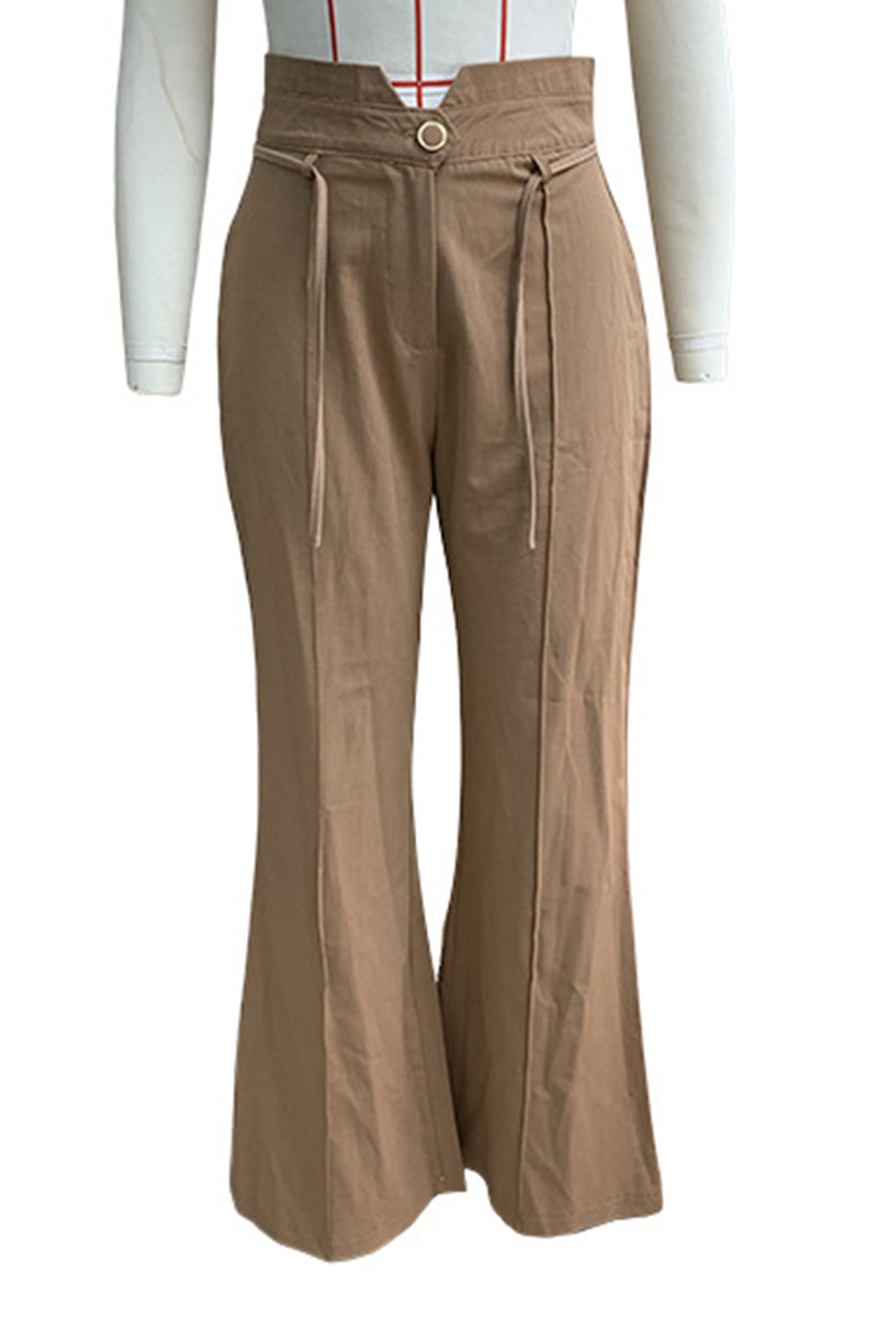 Doris® | Casual, daily, solid color, with pockets, lace-up buttons, loose, solid color, high waist trousers with speakers