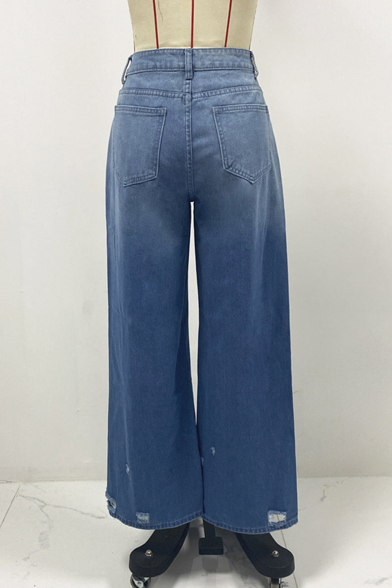 Aurora® | Casual gradient street jeans with ripped pockets, high waist and loose denim jeans