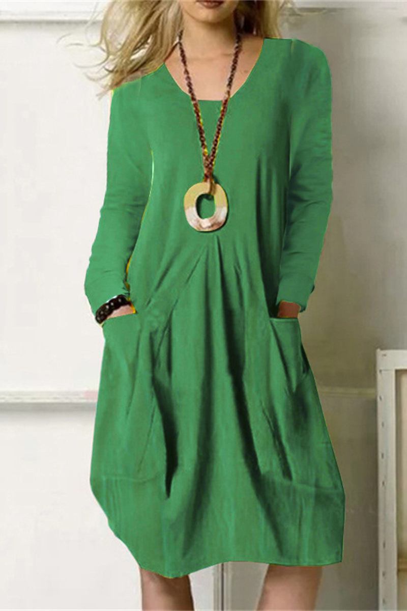 Ariadna® | Dress Leisure Solid Color Pocket O-Neck Long Sleeve