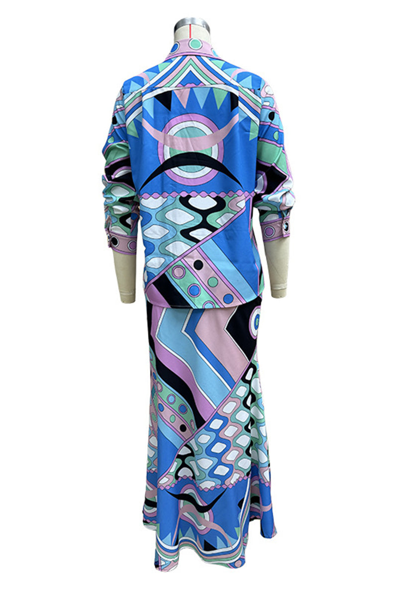 Aurora® | Daily elegant geometric print, buttons, patchwork, turn-down collar, long sleeves, two piece