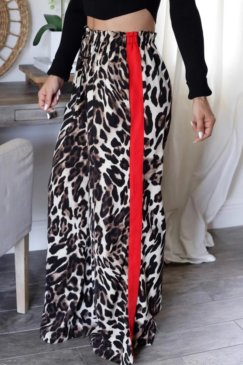 Celia® | Casual daily striped leopard patchwork loose high waist wide leg trousers with full print