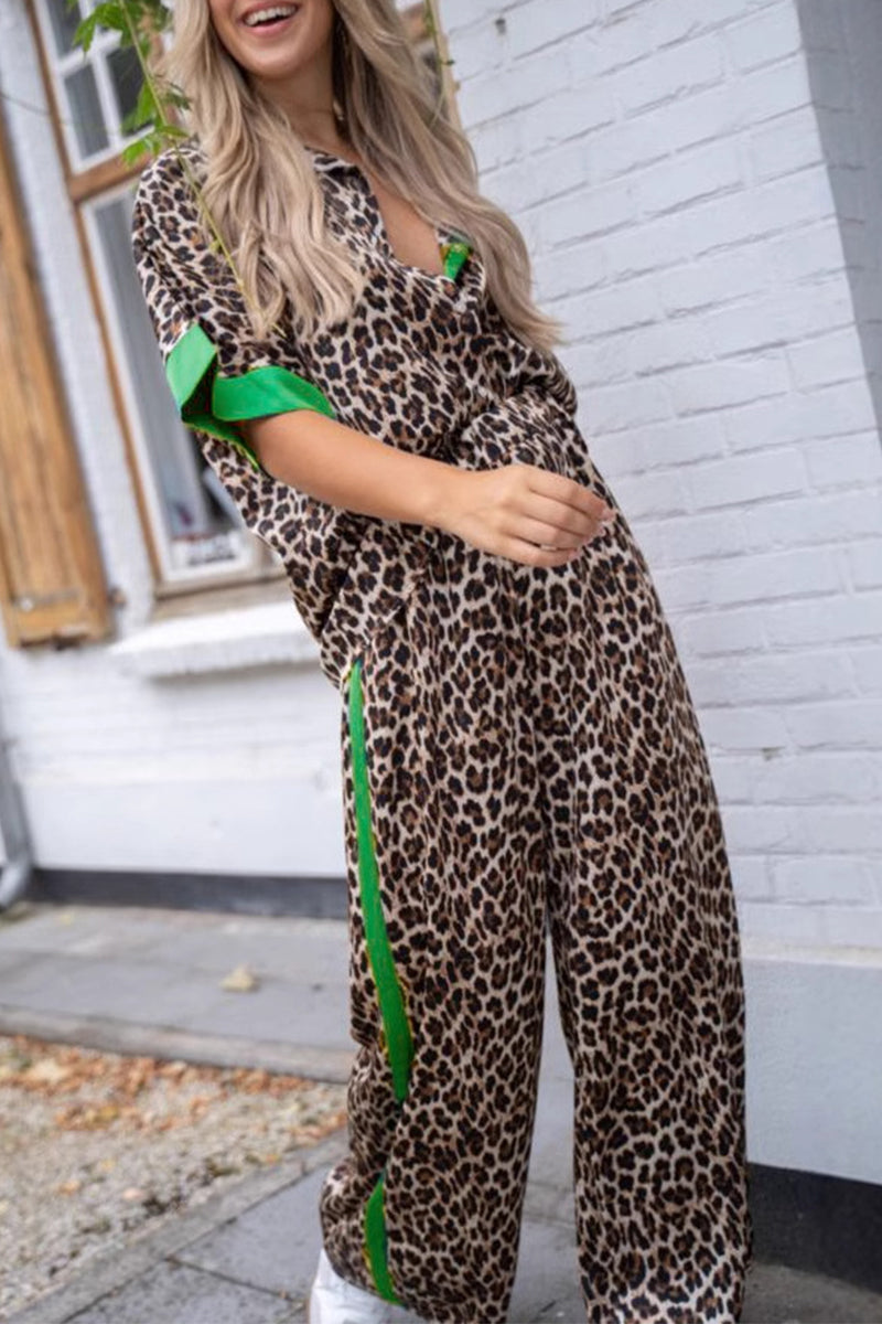 Alba® | Casual Street Leopard Patchwork Turn-Down Collar Short Sleeve Two Piece Suit (3 Colors)