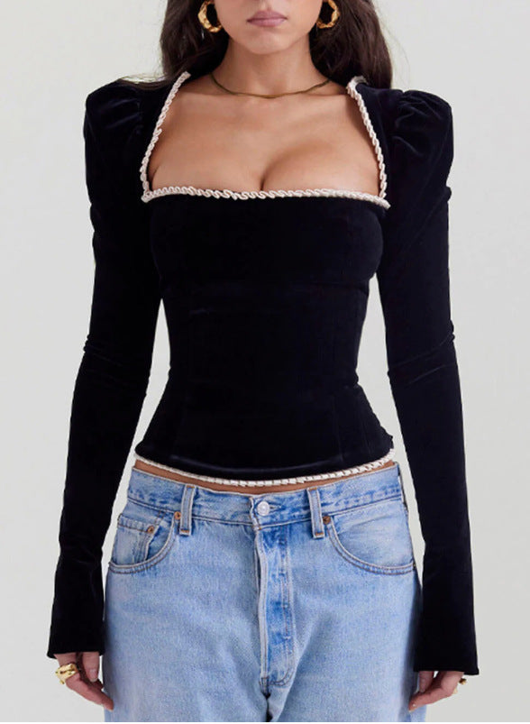 Asela® | Charming Blouse With A Square Neckline And Velvet Finish