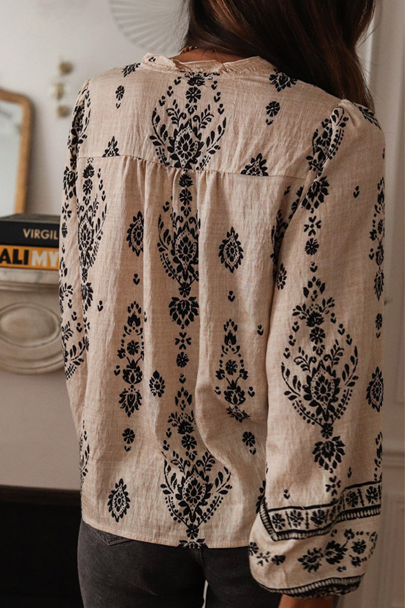 Celeste® | Prominent blouses with geometric print and buttons, lotus leaf collar
