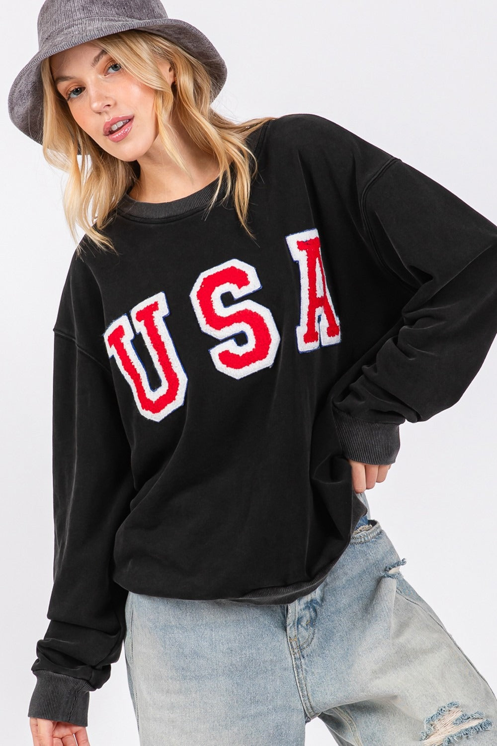 Begoña® | SAGE + FIG crew neck sweatshirt with USA letter patch