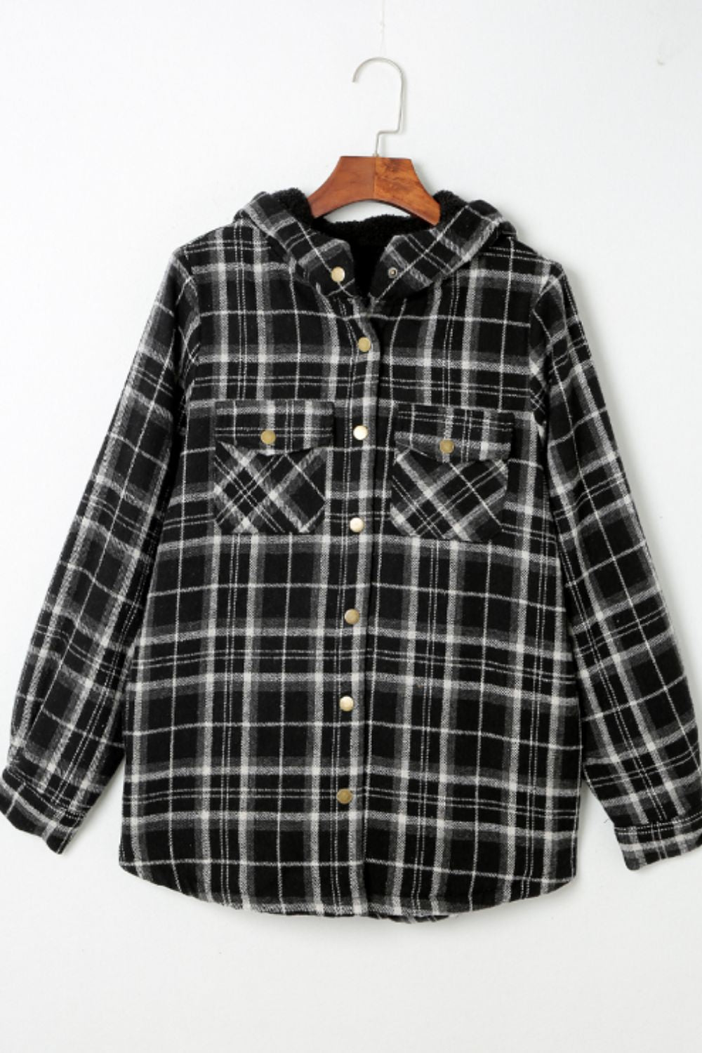 Brigida® | Checked button down long sleeve hooded jacket