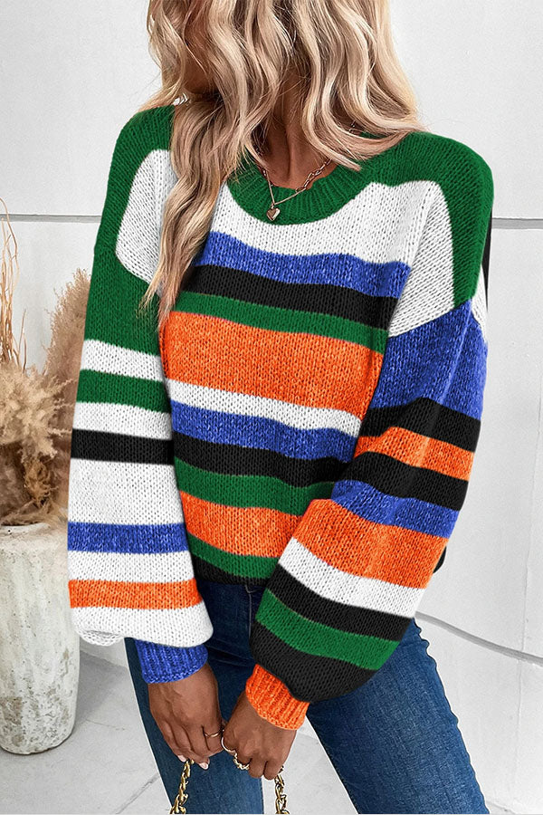Beatriz® | Multicolour Striped Knit Drop Shoulder Lantern Sleeve Sweater