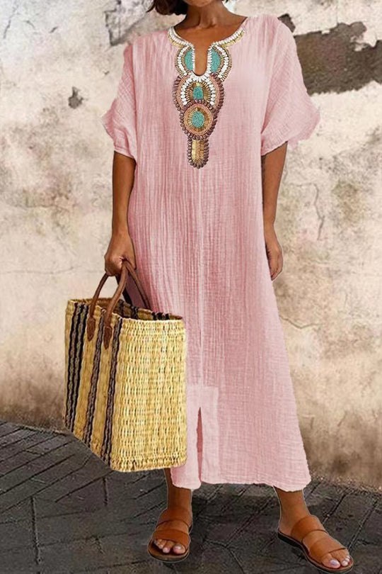 Aurora® | Linen and cotton slit dress with embroidery