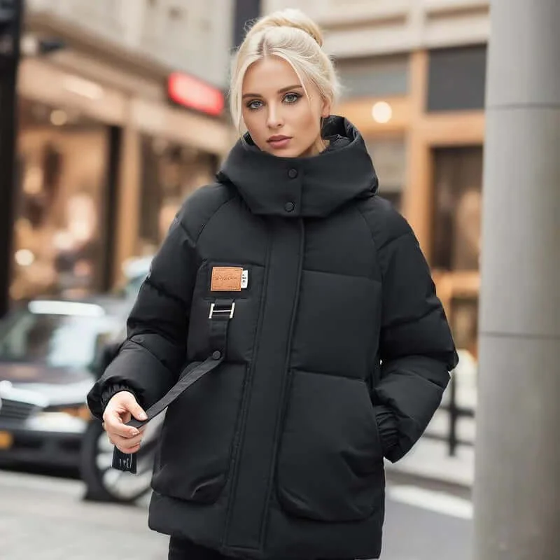 Women’s Quilted Jacket – Oversized Fit – Mid Length – Detachable Hood – Padded Warmth