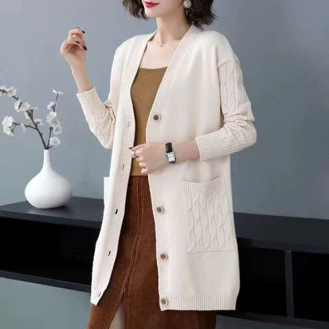 Women’s Cardigan Sweater – Wool Knit – Loose Fit – Cable Sleeve – Mid-Length – Button Front