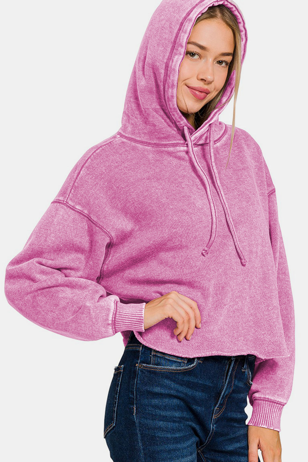 Elisa® | Zenana Acid Wash Fleece Cropped Hoodie