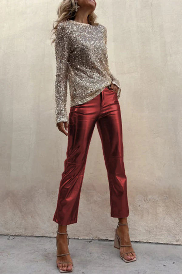 Alexandra® | Sinclair metallic faux leather straight trousers with high waist and pockets
