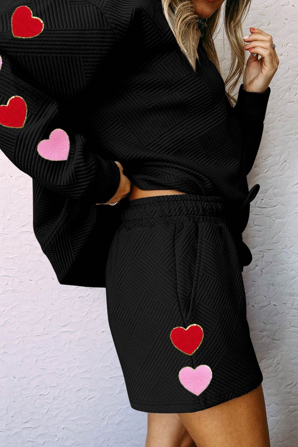 Cristina® | Set consisting of a heart textured crew neck top and drawstring shorts