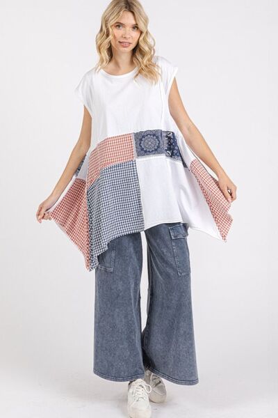 Elena® | Patchwork top with a crew neck and cap sleeves in a mineral wash