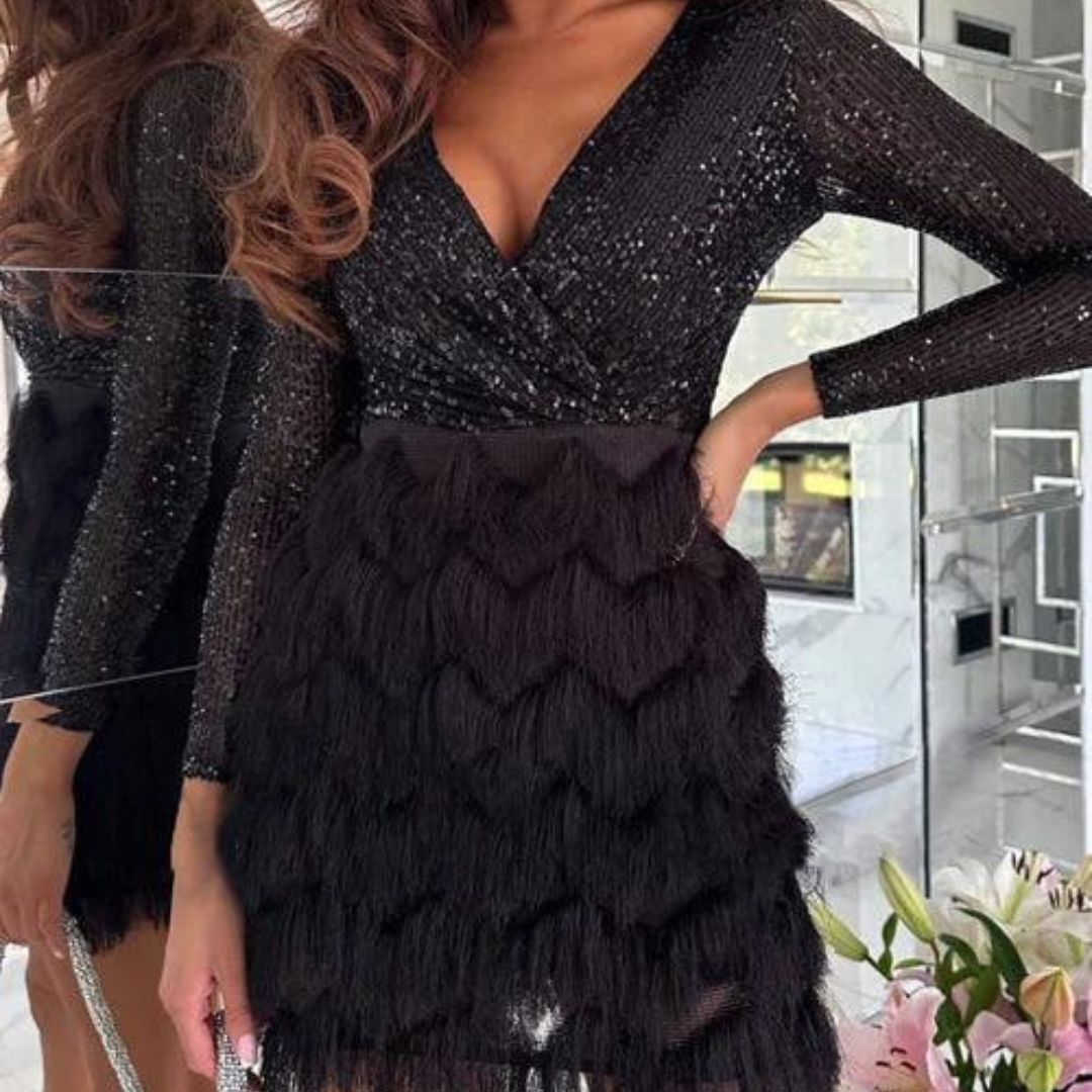 Amalberga® | Heidi-Mode Sequin Dress With V-Neck