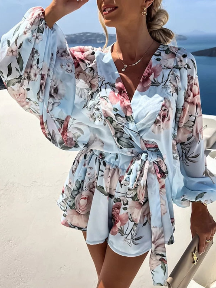 Daniela® | Elegant V-Neck Long-Sleeved Printed Top And Short Summer Set