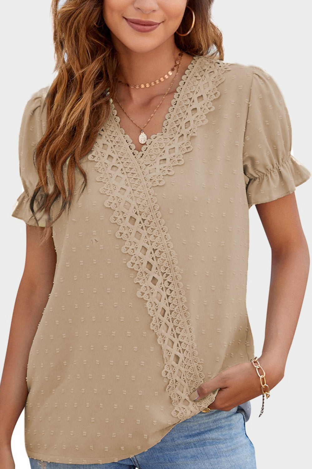 Azul® | Short sleeve blouse with V-neck and Swiss Dot lace detail