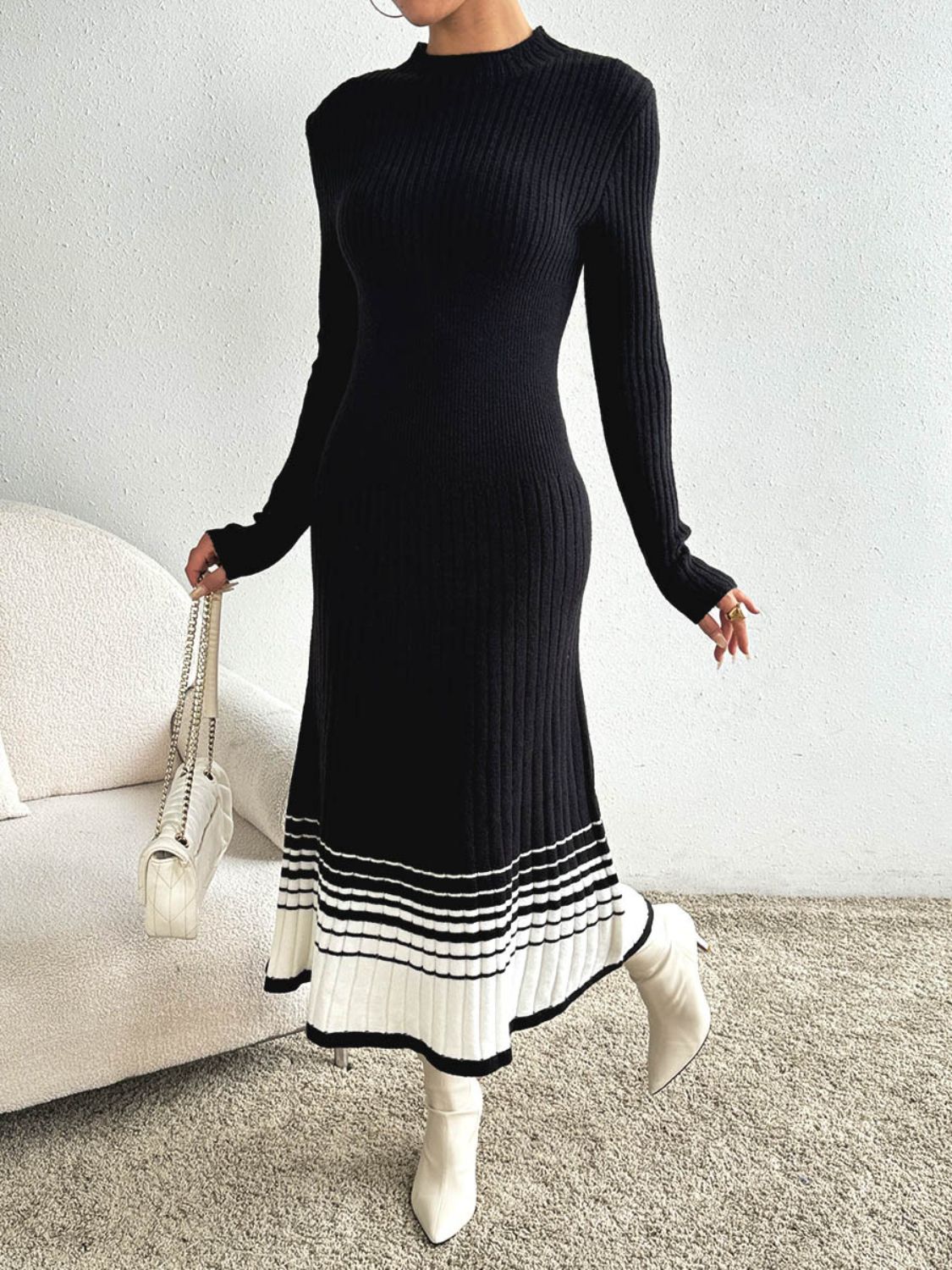 Cristina® | Contrasting colored sweater dress with a stand-up collar and long sleeves