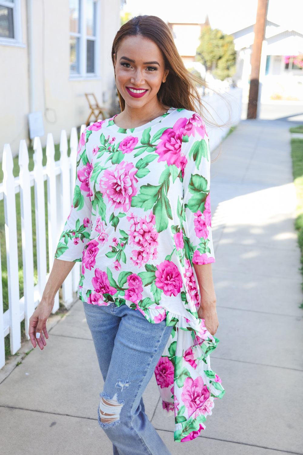 Cassia® | Large floral hi-lo knit top with ruffle hem