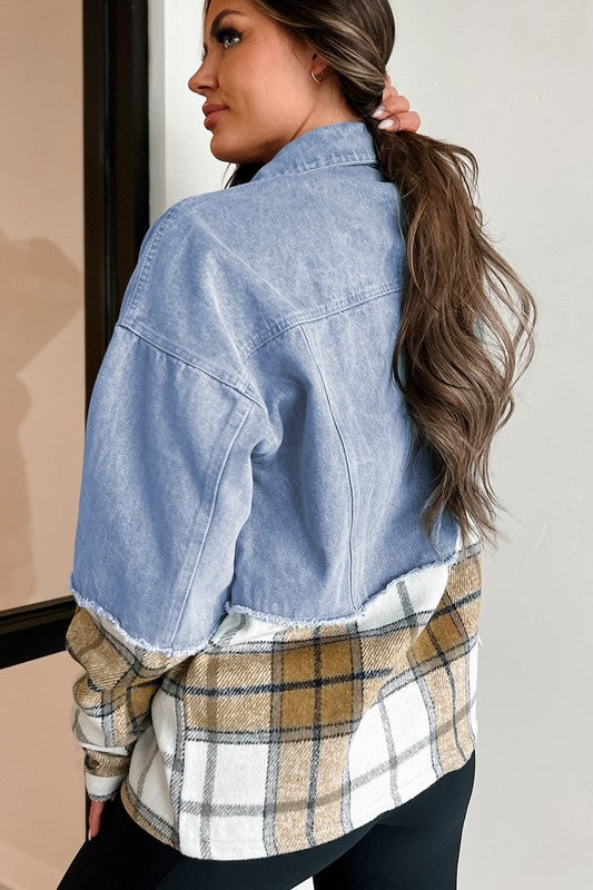 Catalina® | Oversized plaid patchwork denim jacket with buttons