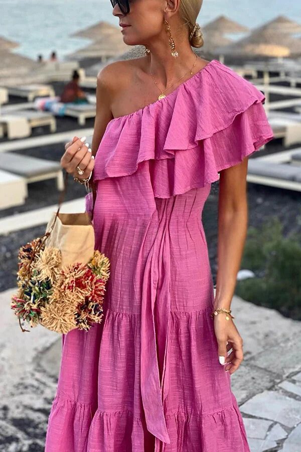 Danna® | Cotton blend maxi dress with ruffles and one-shoulder belt