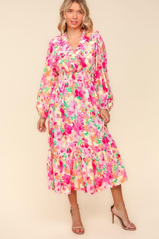 Carmen® | Haptics full size floral dress with surplice balloon sleeves and side pockets