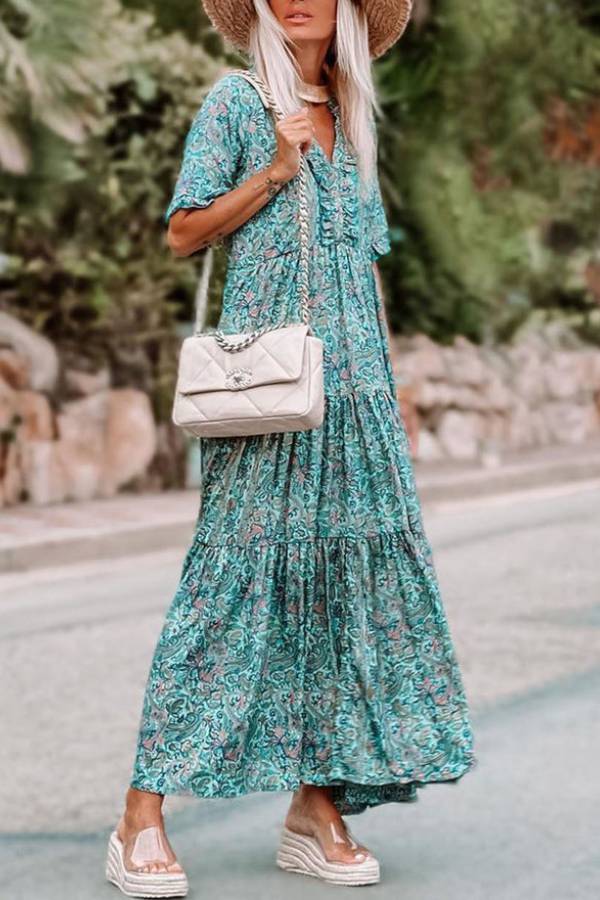 Camila® | Sky blue tiered boho maxi dress with paisley print and split V-neck