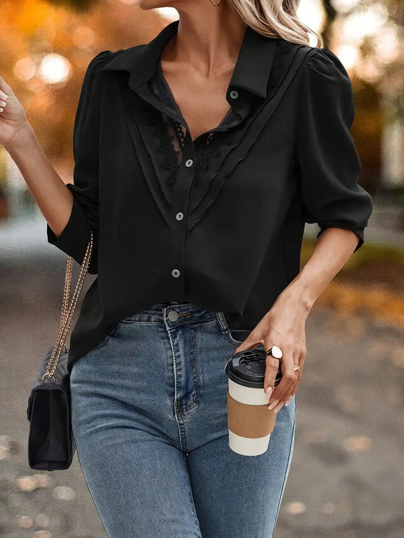 Browstone® | Blouse With Lapel Collar And Contrasting Lace