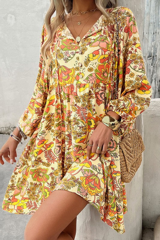 Elisa® | Women's floral print V-neck puff sleeve mini dress